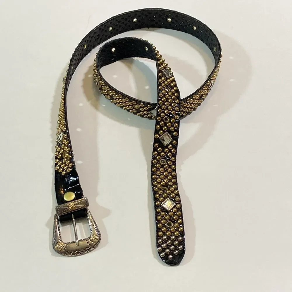 Japanese Y2K Punk Crystal Studded Black and Gold Belt Unisex One Size